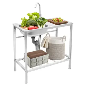 CNCEST Single Bowl 201 Stainless Steel Commercial Catering Sink Kitchen Utility Sink with Adjustable Faucet & Large Storage Platform