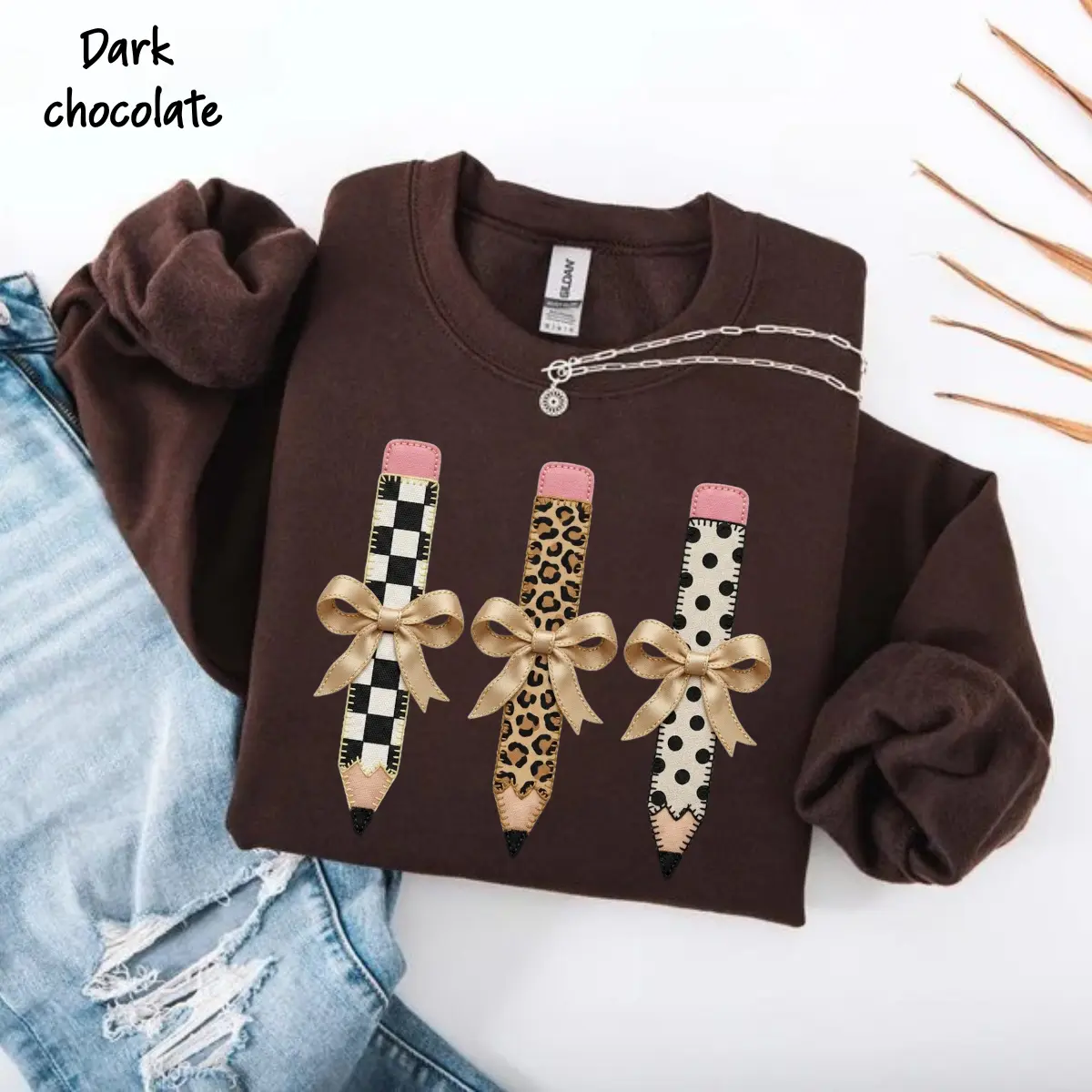 Printed Preppy Coquette Leopard Pencil Bow Sweatshirt, Patchwork Teacher Graphic Crewneck, Cute Back to School Pullover, Teacher Appreciation Gift