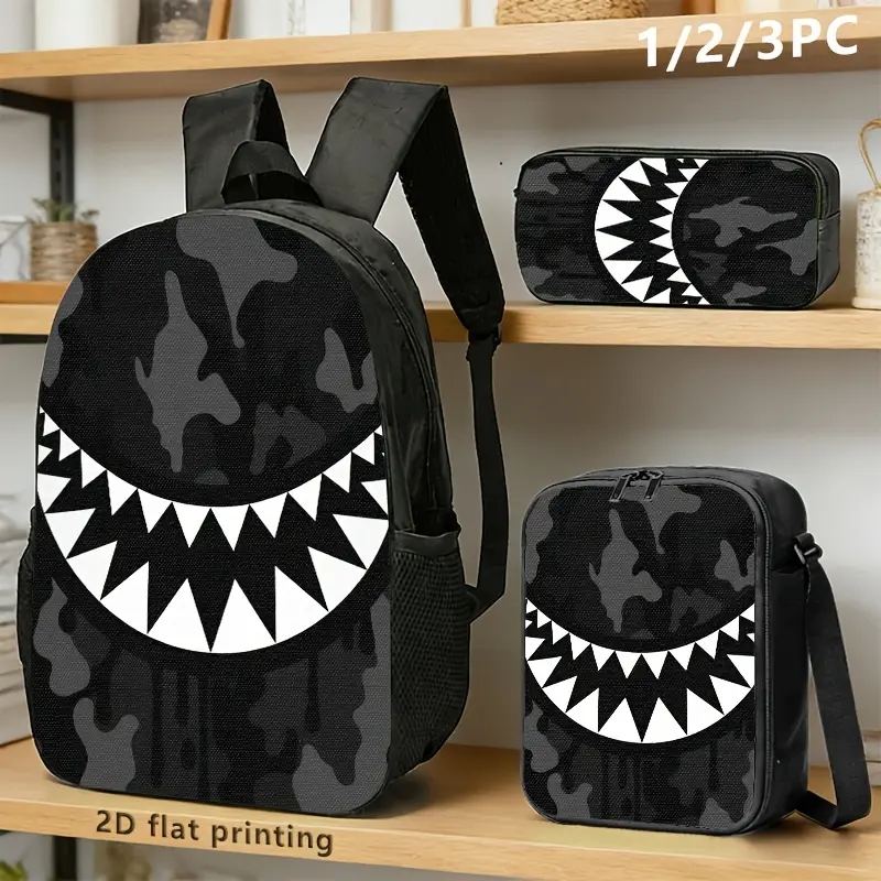 Back to school,Shark Mouth Camo 3PCS Backpack Set, Durable 600D Oxford Cloth School Bag with Lunch Box & Pencil Case Combo, Adjustable Breathable Strap, Fits 15in Laptop for Kids Teens School Travel Outdoor