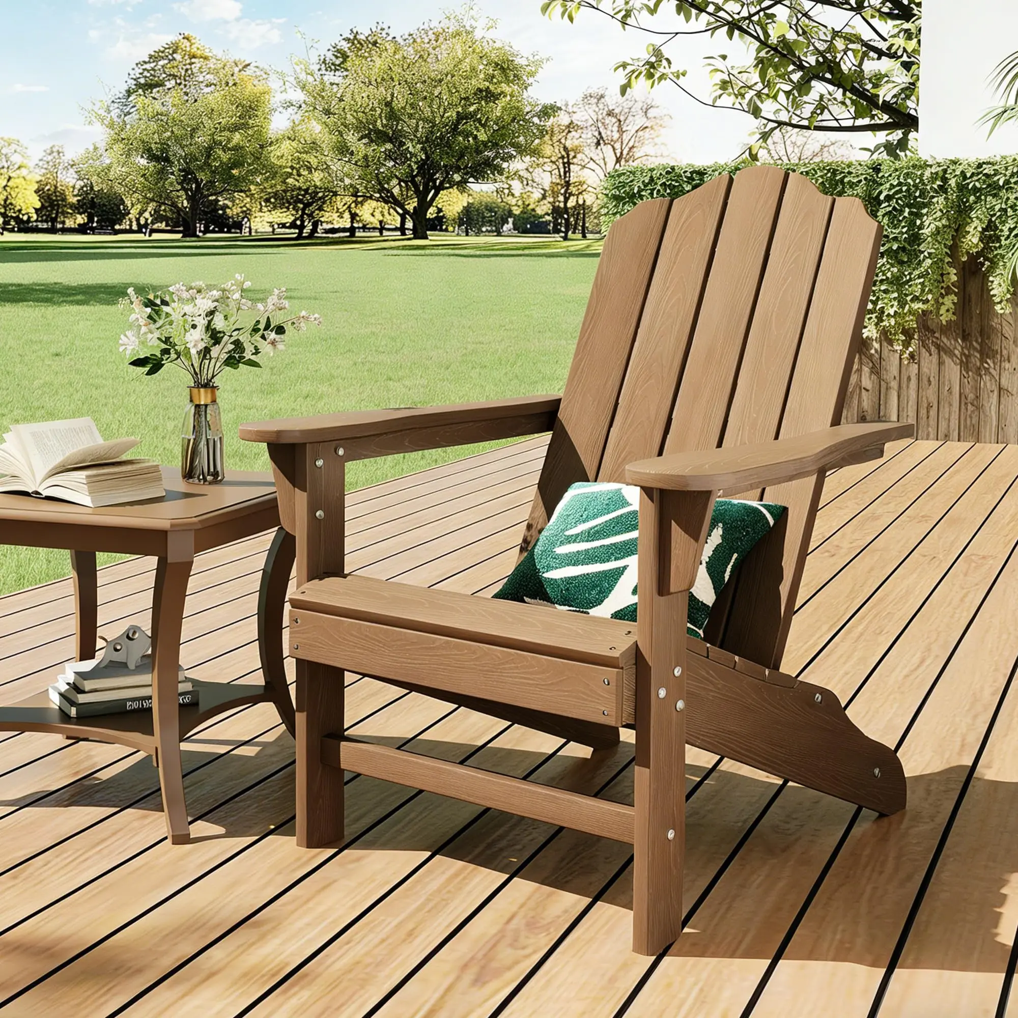 HDPE Adirondack Chair for Patio, Outdoor Lawn Chair with Wood Texture, Waterproof Garden Deck Seating for Backyard Poolside Fire Pit, Contoured Backrest, Wide Slanted Seat, Single Chair or Set of 2 in Multiple Colors