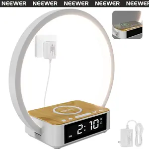 NEEWER Entry Level Version Bedside Lamp with 15W Wireless Charging Compatible with iPhone AirPods, Sunrise Alarm Clock, Dimmable Desktop LED Touch Ring Light for Bedroom Nightstand Reading, N40