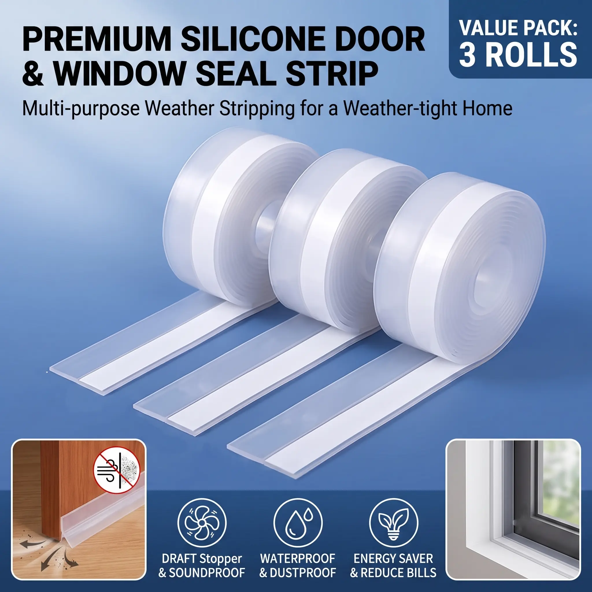 3 Pack Silicone Weather Stripping Seal Tape, Self-Adhesive Door & Window Gap Sealer, Clear Strip for Home
