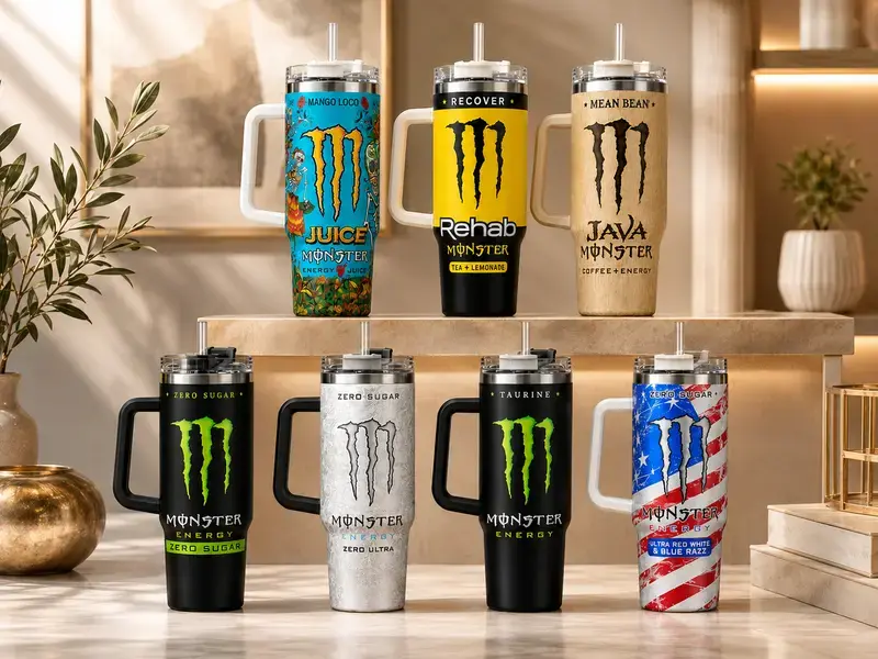 [Gift box and straw] M0NSTER Tumbler, 20-40oz Stainless Steel Cup With Handle and Straw, Double-Wall Insulated Cartoon Travel Mug, Gift for Your Health