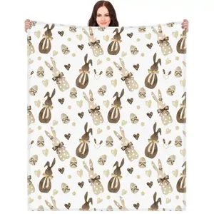 Easter Rabbit Farmhouse Flannel Blanket Ultra Soft Cozy Warm Bedroom Couch Sofa Home Decor Throw Decor Decorative Throw Perfect Birthday Gift Christmas Gift Easter Gift for Kids Adults Viral Trending Cute Spring Aesthetic Style