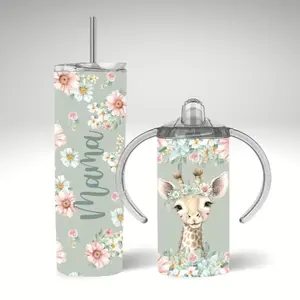 Mama Tumbler & Baby Giraffe Sippy Cup Set Insulated Floral Design Keeps Drinks Hot 6 Hours Cold 24 Hours for Mom and Kiddo