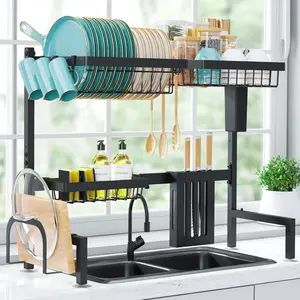 Over The Sink Dish Drying Rack - Adjustable 2 Tier Large Capacity Stainless Steel Drainer with Cutlery & Utensil Holders, Kitchen Storage & Organization, 30"-33.9" L x 11" W x 21.5" H, Black