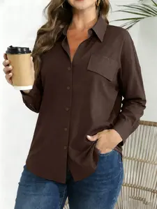 Fashion Curve Plus Size Womenswear Lady Solid Color Oversized Basic Collared Button-Down Shirt, Casual Loose-Fit Long-Sleeve Pocket Blouse, Trendy Street Style Outfit, Office Layering Top
