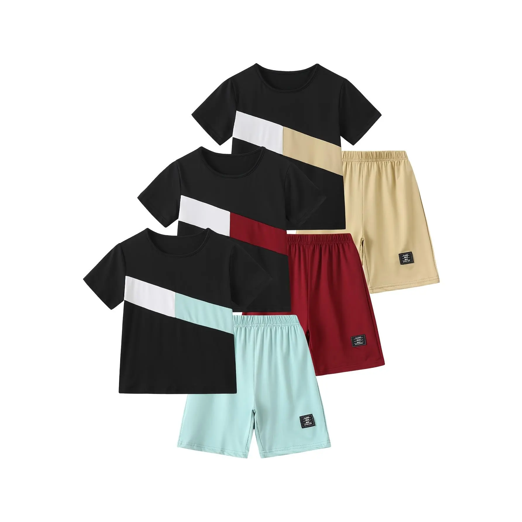 Boys' 6-Piece Mixed Color-Blocked Polyester Synthetics Spring/Summer Set, Lightweight, Comfortable, Cool, for Sports & Casual Wear, Fashionable Clothing for Ages 3-14