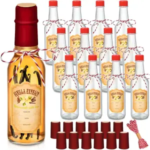 12 Pcs 5 Oz Vanilla Extract Bottles for Homemade Vanilla Jar Woozy Glass Bottle with Cap, Shrink Capsules, Sticker Syrup Gift Food Storage Canister for Hot Sauce Spice Dressing Homemade (Red)