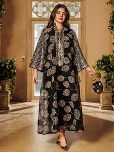 Women's Embroidery Sequin Islamic Dress, Elegant Long Sleeve Arabic Clothing for Party Holiday Wedding Guest, Ladies Spring & Fall Clothes