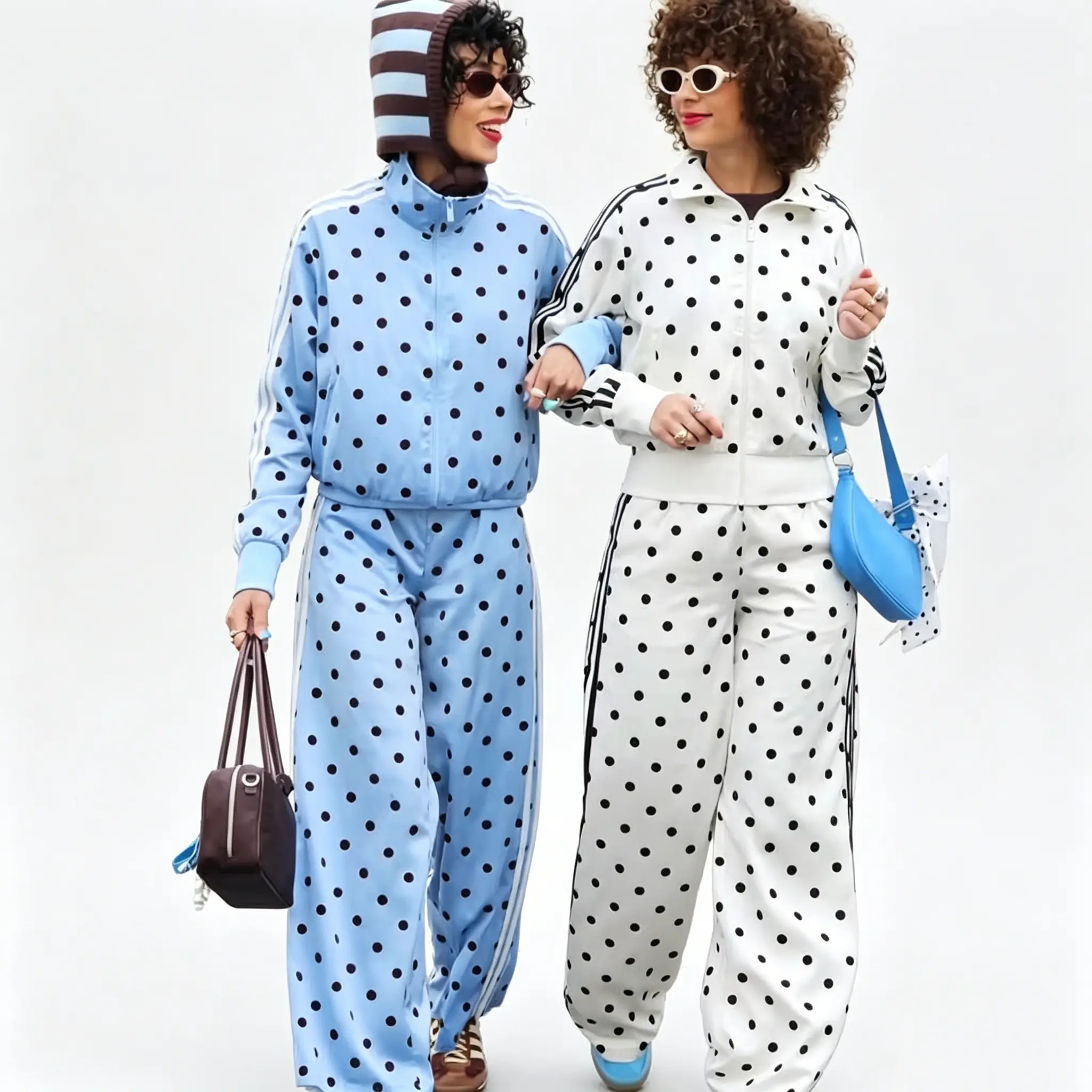 Women's Polka Dot Full-Zip Tracksuit with 3-Stripes - Loose Fit Casual Two-Piece Loungewear