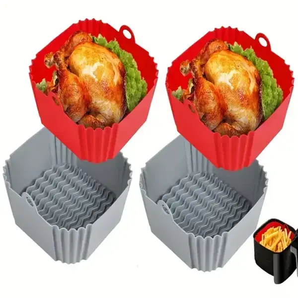 [Silicone Air Fryer Liner] 4pcs Reusable Silicone Air Fryer Liner | 8 Inches Square/Rotundity - Air Fryer Accessories For 4 To 7 QT Ovens And Microwave (Red+grey)