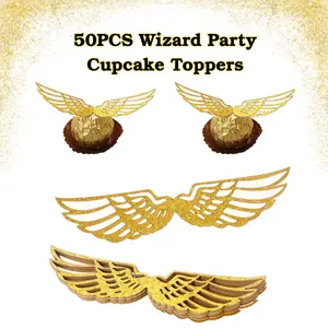 50PCS Wizard Party Cupcake Toppers, Edible Wafer Chocolate Wings Decorations with Glue Dots for Birthday, Wedding, Anniversary