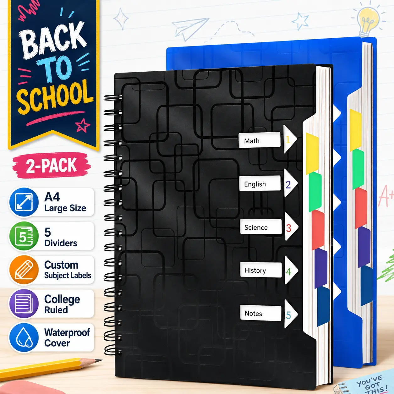 CAGIE 2-Pack A4 Spiral Writing Notebooks, Color-Coded Dividers & Tabs, 240 Pages, A5/A4 Sizes, Clean Crisp Notes, Paper-Based Office Stationery for Students, Back to School Supplies,techvibes