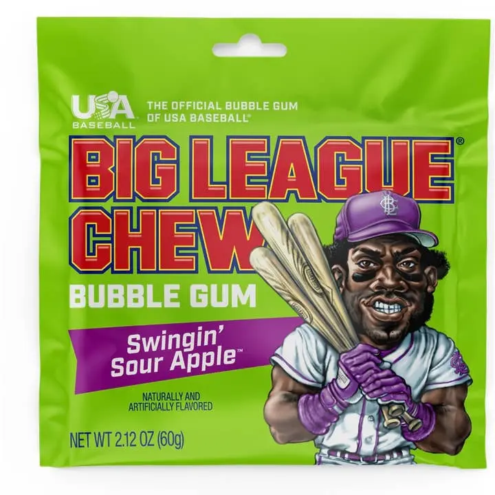 Big League Chew Swingin Sour Apple Bubble Gum Candy - Shredded Texture, Resealable Pouch, 2.12 oz, Gluten Free, Baseball-Inspired Snack for All Ages, Sour Sweetness, Made in the USA