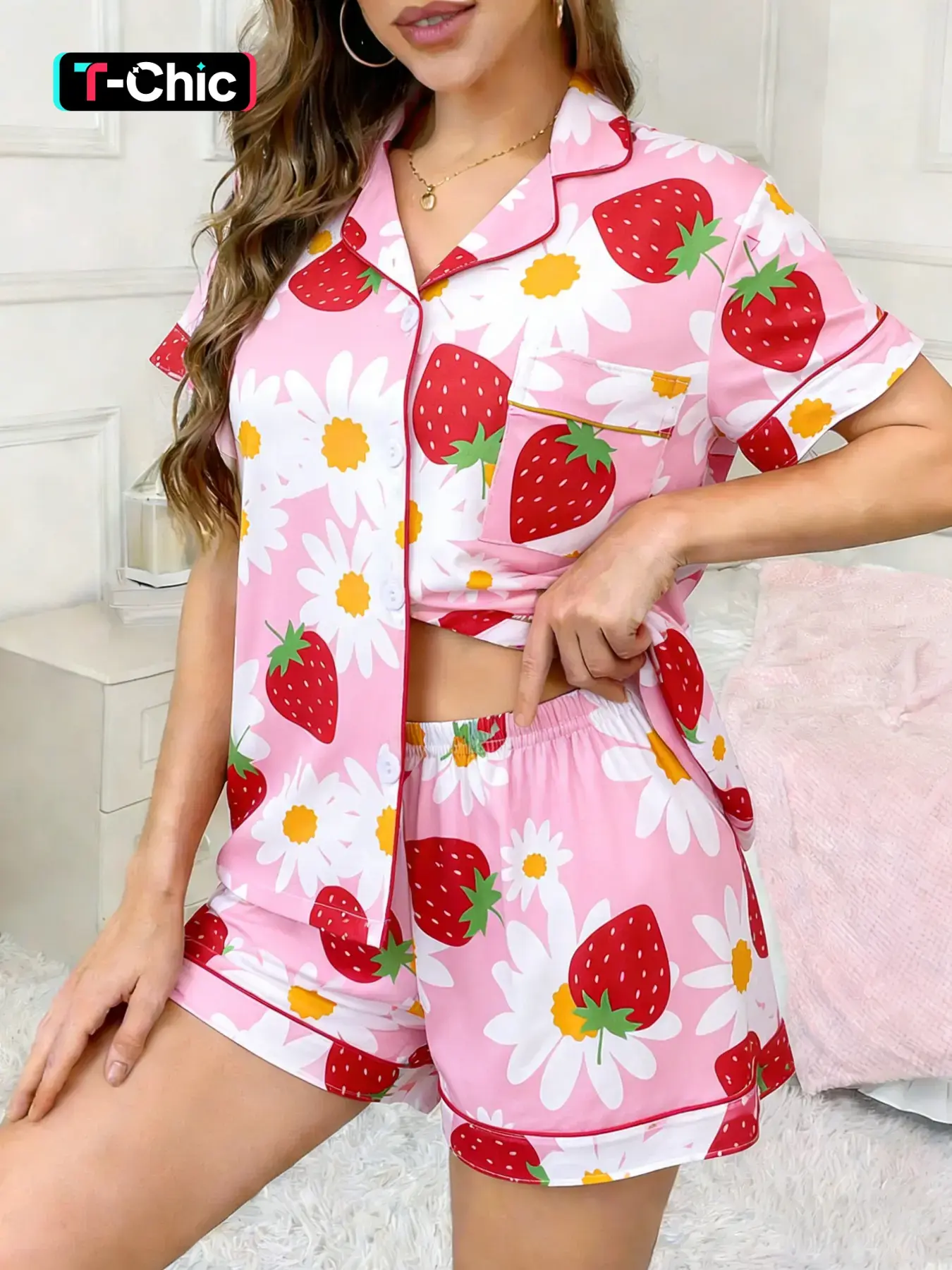 2-piece women's foundation make-up Floral sunflower strawberry print pattern short sleeved shorts soft comfortable Fitted top small pocket elastic waist for four seasons home casual women's Loungewear pajamas set Nightwear Homewear
