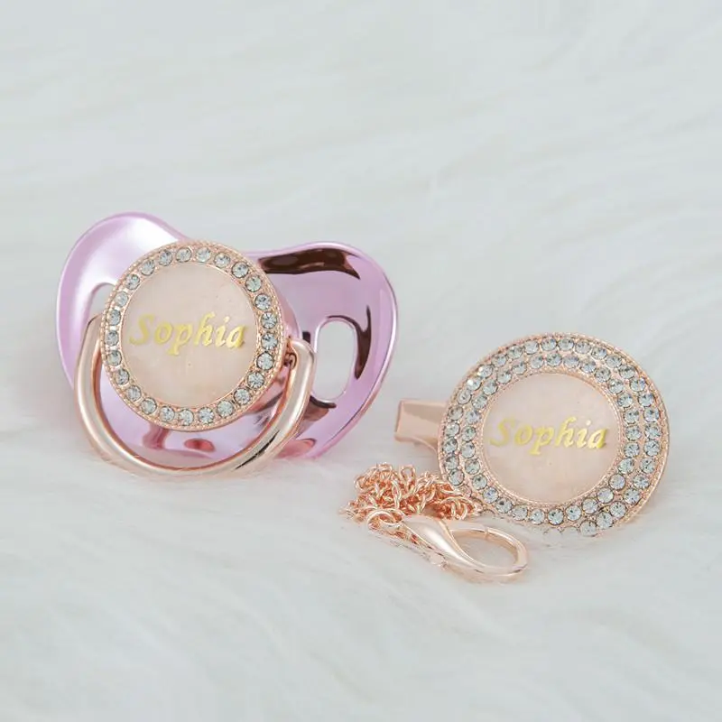 MIYOCAR Customized Rose Gold Bling Baby Pacifier & Clip Set – Personalized Diamond Binky for Newborns and Babies baby binky newborn  tracker gold  pacifier bling  pacifier