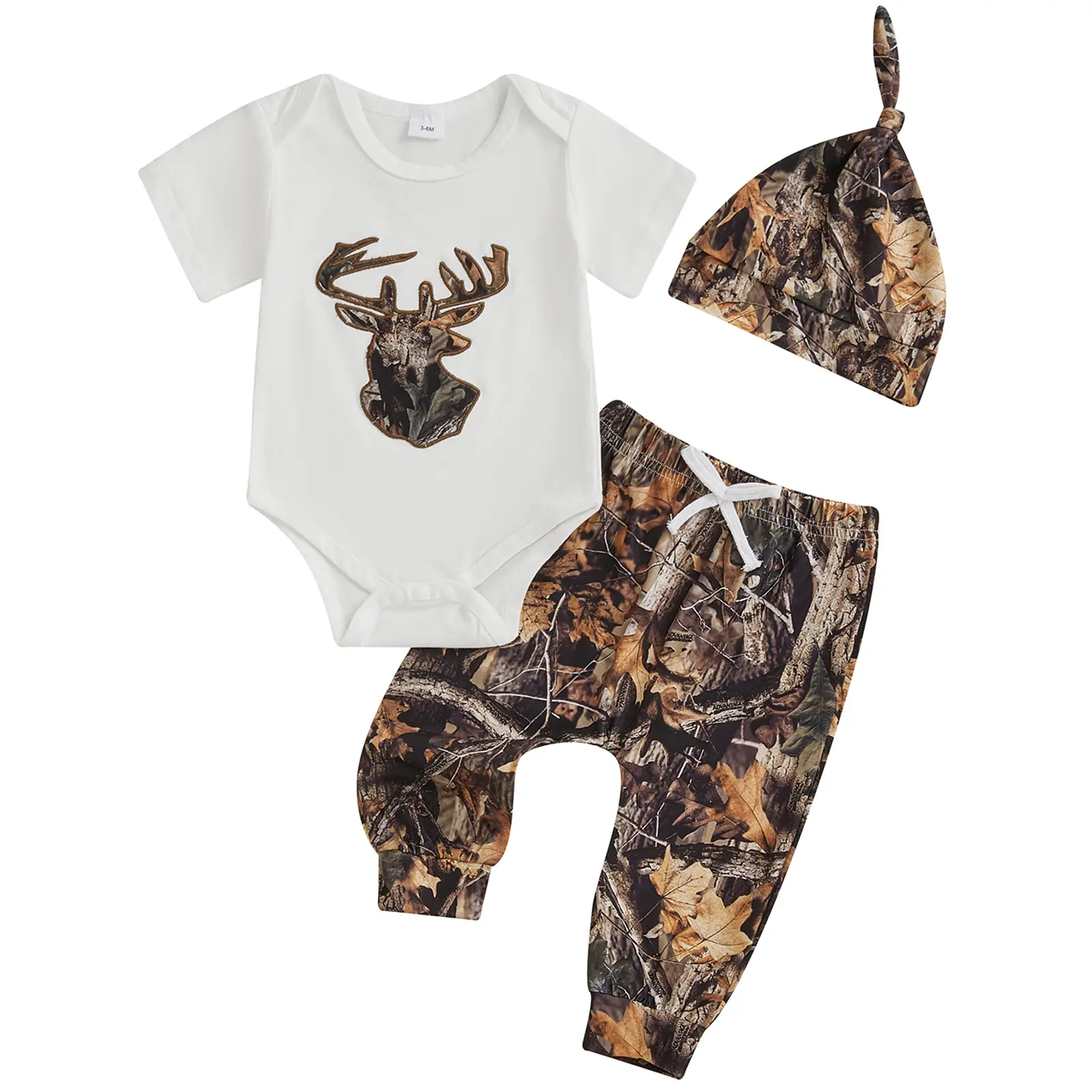Newborn Baby Boys 3-Pcs Outfits Set - Short-Sleeve Deer Bodysuit, Camo Wild Pants, Hat | Newborn Outfits Set