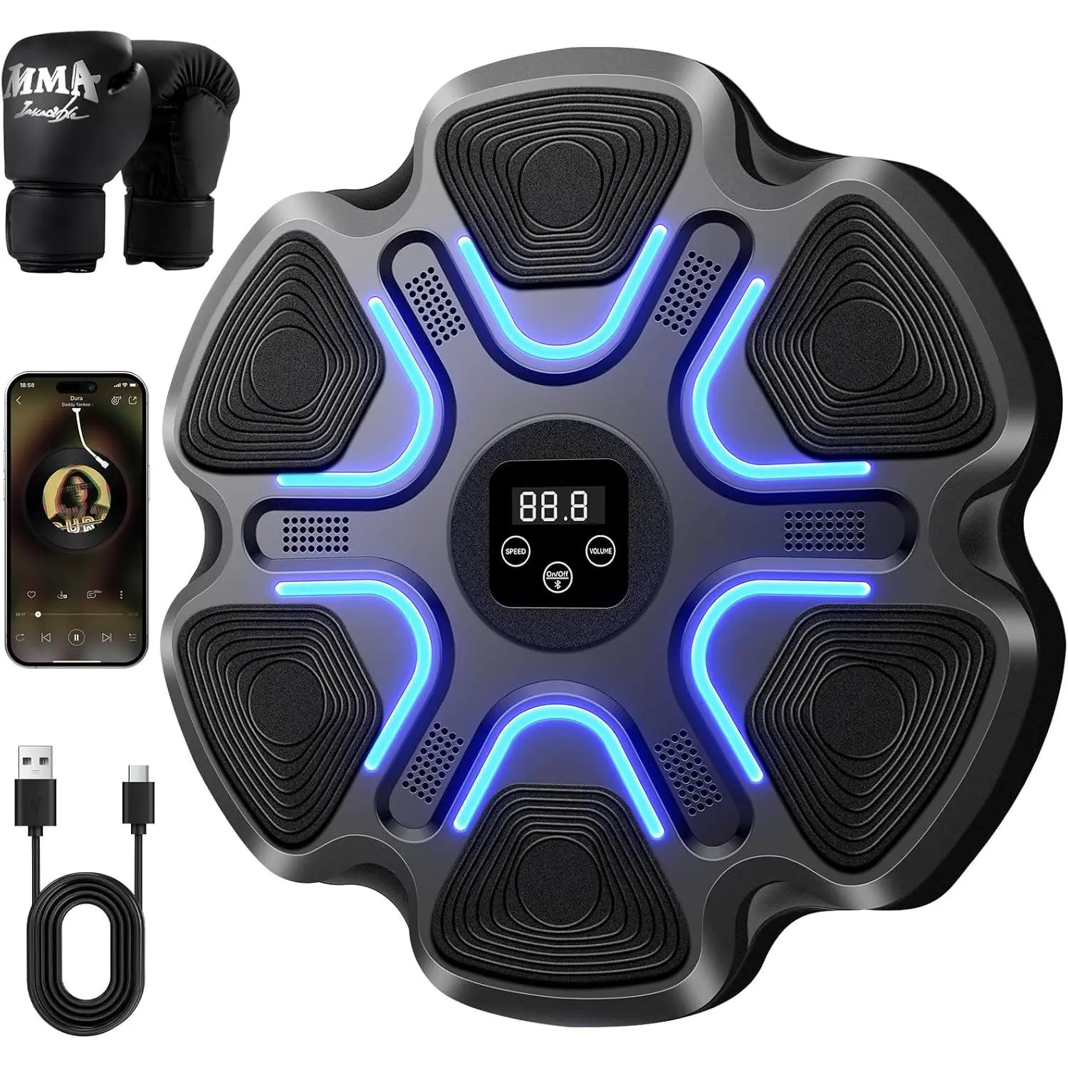 Wall-Mounted Boxing Equipment with Bluetooth Music, Electronic Smart Punching Target for Rhythm & Reaction Training, Padded Panel for Home Gym Workouts, LED Lights for Kids & Adults, Includes Gloves, Home Gym Workout