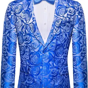 Barry.Wang Mens Blue Floral Jacquard Blazer Suit Jacket Notched Lapel Tuxedo Casual Sport Coat for Disco Prom Wedding Party