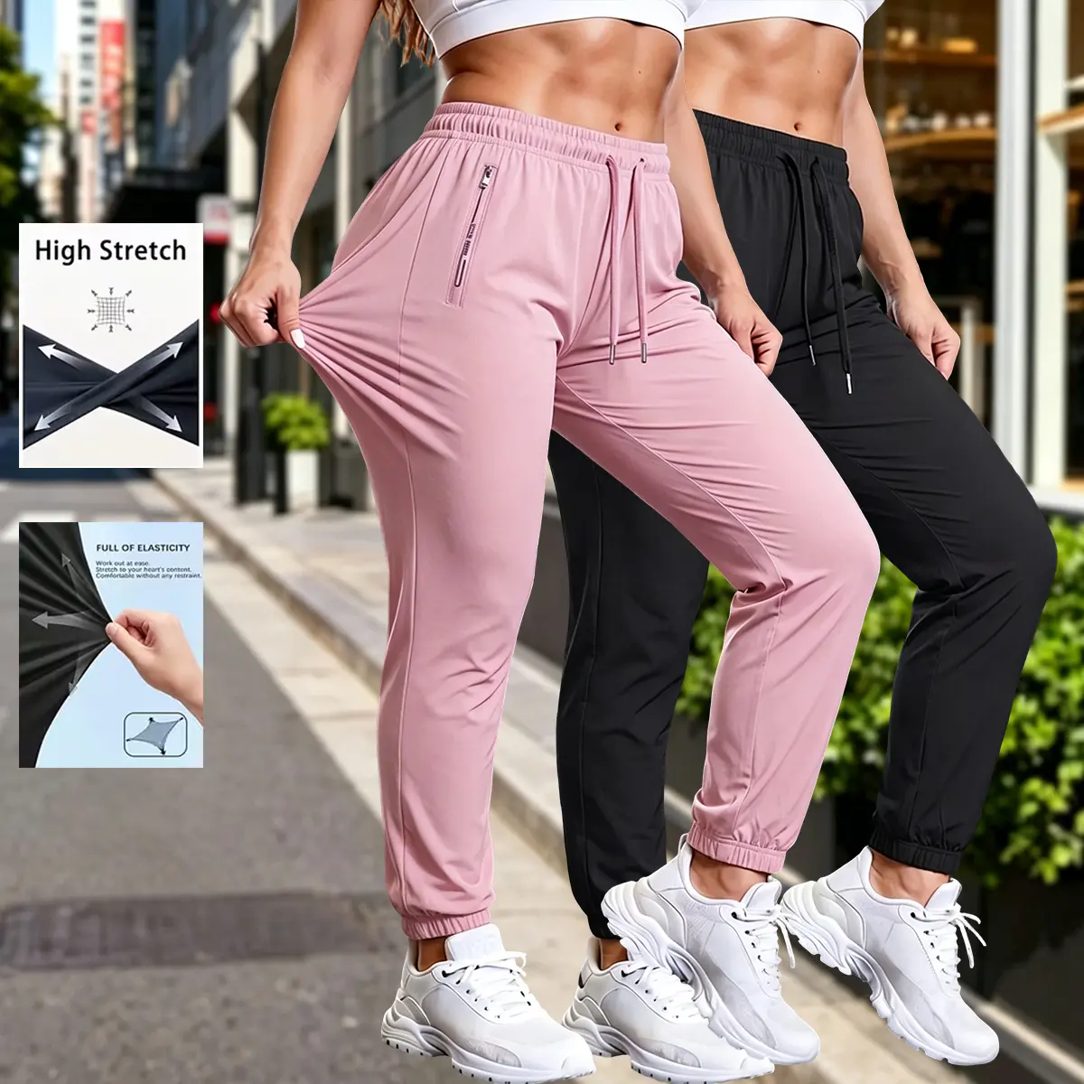 Women's 2-Pack Summer Nylon Quick-Dry Sporty Trousers - Loose Cut, Zip Pockets, Lightweight Drawstring, Street Style Workout Joggers Pants for Outdoor Running