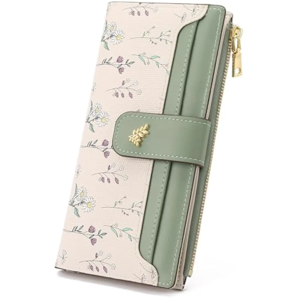 Women's Floral RFID Blocking Vegan Leather Wallet - Low-Profile, Compartmentalized Foldover Long Bifold Card Holder with Slim, Thin, Portable Design and Zipper Pocket, Graphic Women's Wallet, Low-Profile Women's Wallets, Compartmentalized Women's Wallets