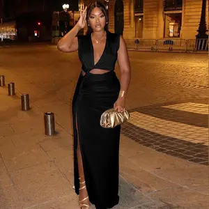 Women Long Dress Sleeveless Deep V Neck Asymmetrical Maxi Dresses Sexy Party Club Split Dress Robe