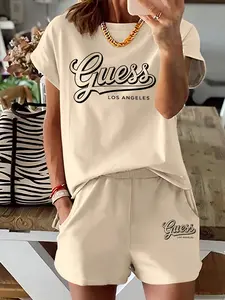 2-Pack Fashionable Fit Crew Neck Women's Short Sleeve Shorts Set Guess Riddle Los Angeles Trendy Set Casual Solid Color Clothes T-Shirt and Hot Pants Set Women's Set Womenswear le for Daily Wear Everyday
