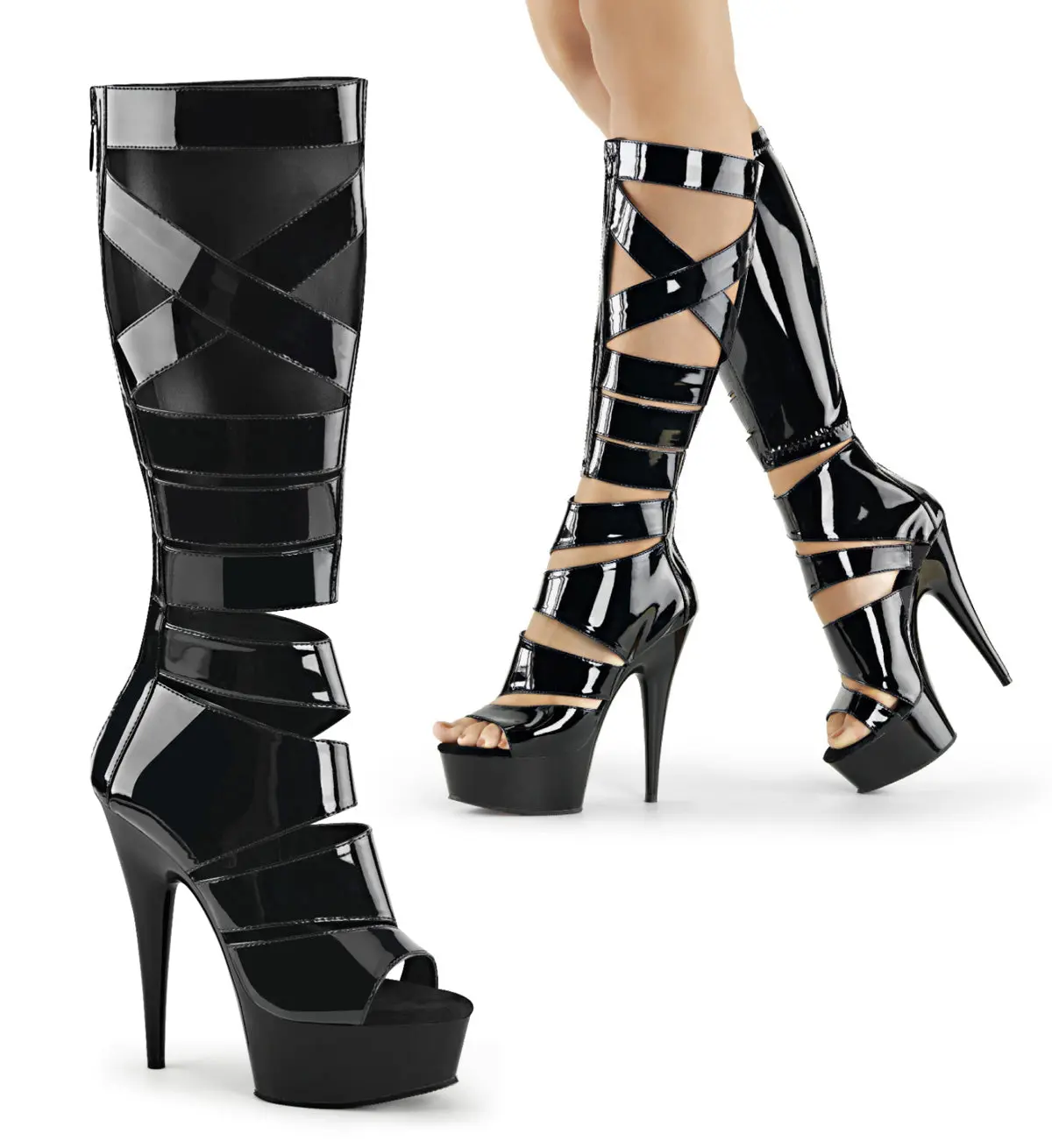 Women's Knee-High Gladiator Footwear - Black Patent, 6" Stiletto Heels, 1¾" Platform Lift, Cutout Cage Design, Glossy Black Shine, Bold Self-Expression Party & Clubwear Statement Shoes, Gladiator Design, Evening