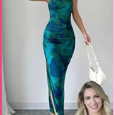 Women's Graphic Print Asymmetrical Neck Dress, Elegant Slim Sleeveless Split Dress for Party, Holiday and Wedding Guest, Ladies Summer Clothes, Elegant Sleeveless Gown