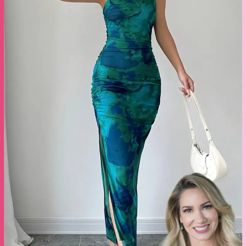 Women's Graphic Print Asymmetrical Neck Dress, Elegant Slim Sleeveless Split Dress for Party, Holiday and Wedding Guest, Ladies Summer Clothes, Elegant Sleeveless Gown