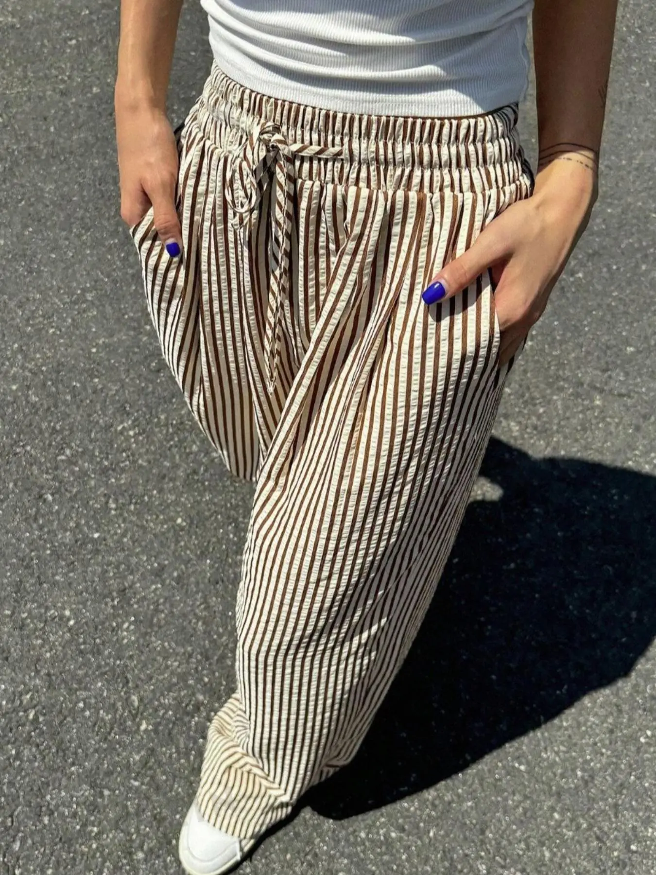 Women's Striped Print Adjustable Drawstring Waist Loose Wide Leg Pants, Casual Bohemian Trousers, Casual Pocket Trousers for Daily Wear, Ladies Casual Style Bottoms for All Seasons, High Waist