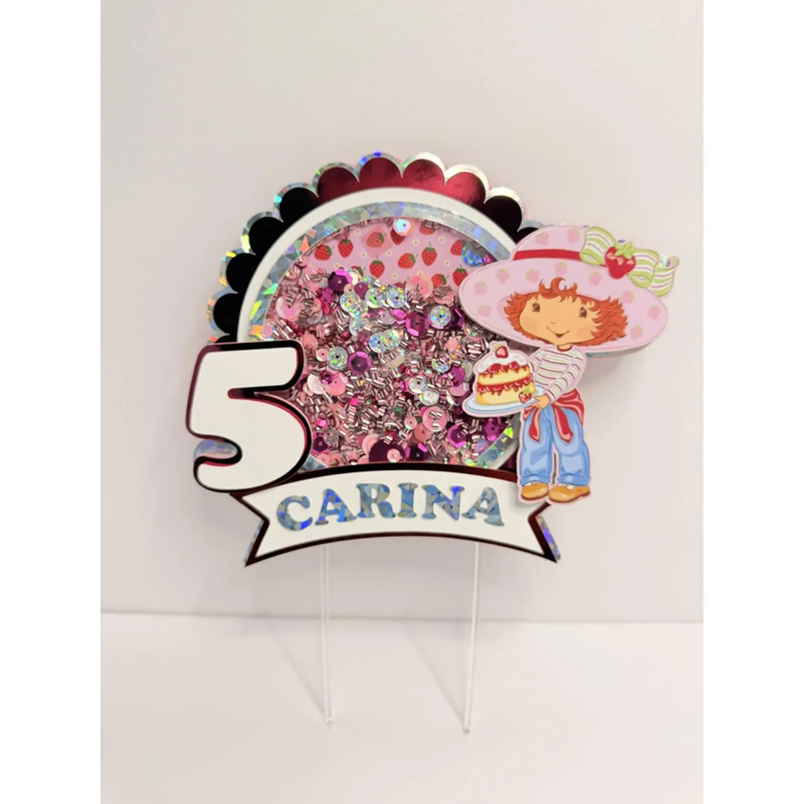 Strawberry 3D Shaker Cake Topper Birthday Party Decorations with Glitter and Strawberries, Perfect for Celebrations and Special Occasions