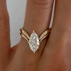 Effinny 14K Gold Plated Tarnish-resistant 3.0ct Marquise Cut 925 Sterling Silver Insert Wedding Ring Set with Curve Band, 5A CZ Pavé Accents Women's Promise Ring for Daily, Wedding, Party