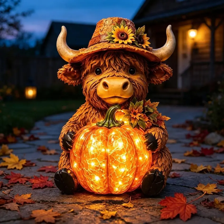 Fall Highland Cow Pumpkin Decor - Cute LED Glowing Cracked Glass Pumpkin Figurine with Sunflower Hat, Autumn Harvest Tabletop Yard Ornament, Rustic Farmhouse Thanksgiving Decor, Cozy Gift Idea for Animal & Fall Lovers