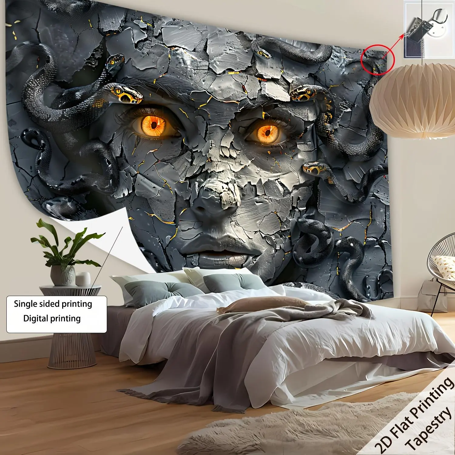 Embossed Snake Face Polyester Wall Decor Tapestry - Modern Super-Sized Photo Fabric, Birthday Party Decor & Gift, with Installation Kit for Living Rooms, Dorms, Embossed Print