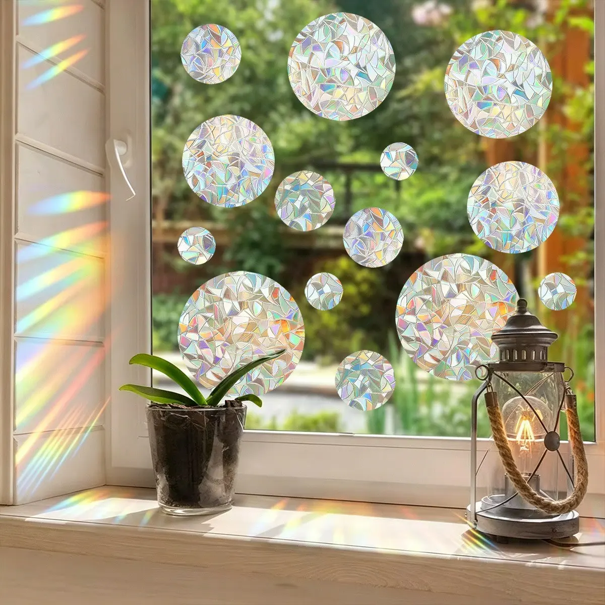 14pcs/2sheets Circle Rainbow Colorful Suncatcher Decorative Window Clings, Anti-Bird Strike Decals, Self-Adhesive Static Clings for Glass Doors & Windows, Decorative Stickers, Decoration Sticker