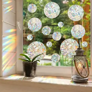 14pcs/2sheets Circle Rainbow Suncatcher Window Clings, Anti-Bird Strike Decals, Self-Adhesive Static Clings for Glass Doors & Windows
