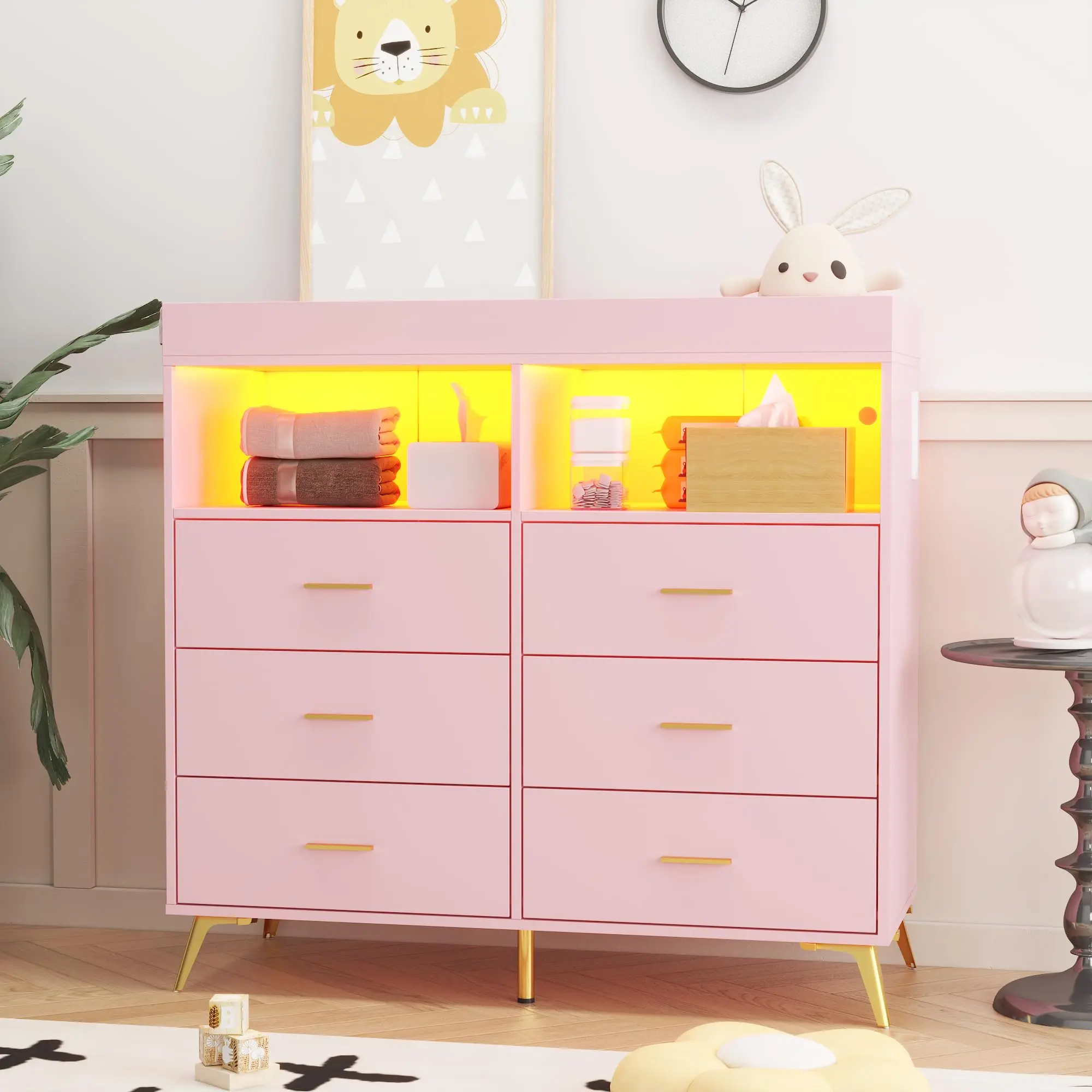 Modern Baby Changing Dresser with 6 Drawers, LED Light & Power Outlet – Nursery Storage Cabinet for Infants and Newborns – Sturdy Metal Feet – Diaper Changing Station Furniture