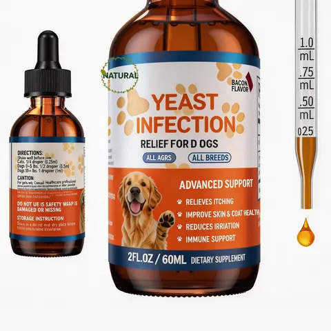Yeast Support Dog Ear Drops & Skin Health Liquid, 60ml – Soothes Itchy Skin, Allergy Season Comfort, Bacon Flavor for Dogs & Puppies