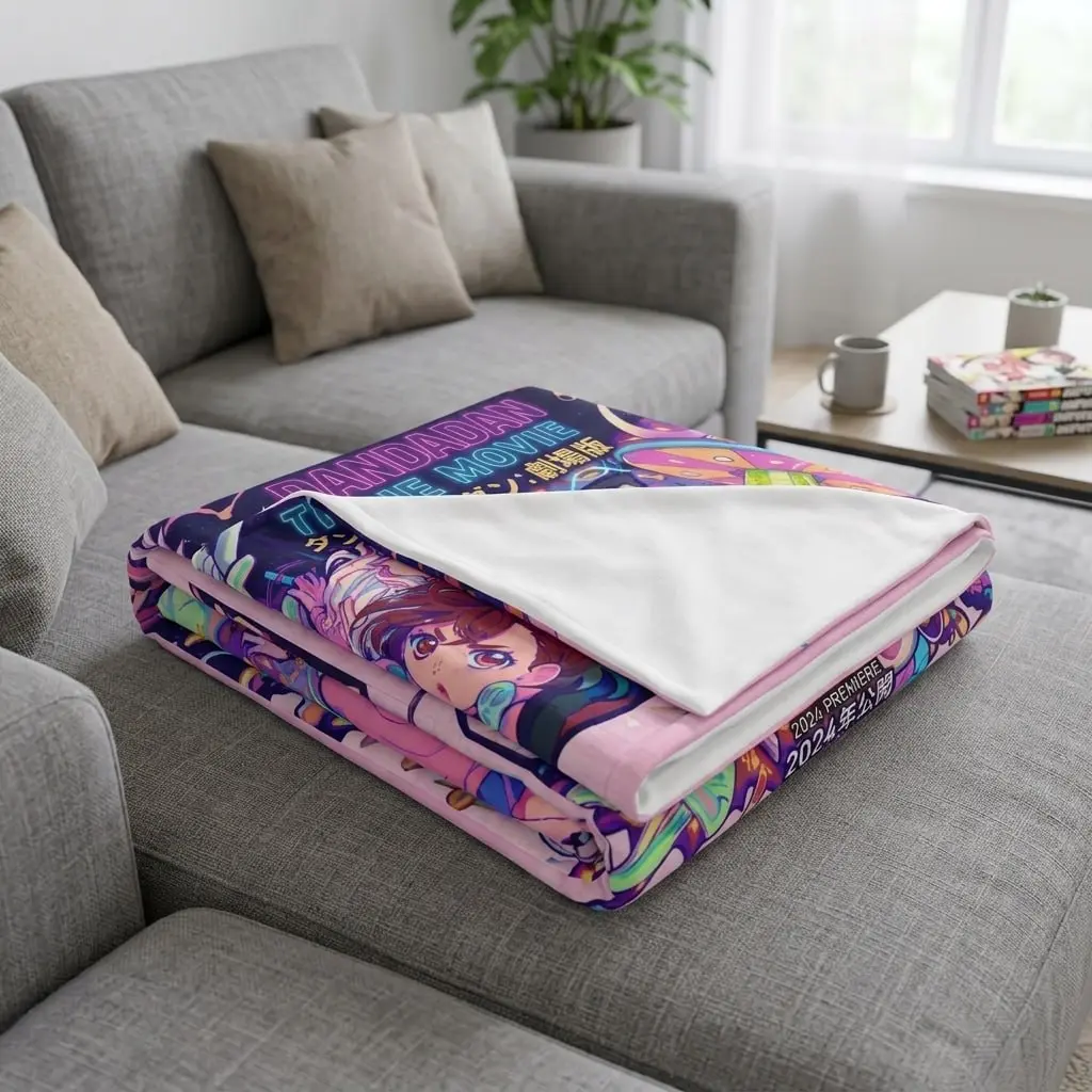 Pink Kawaii Cartoon Throw Blanket, Colorful Manga Style Fleece Blanket, Anime Lover Room Decor Gift