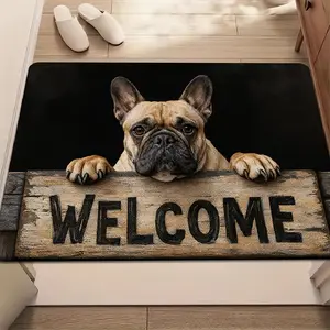 Durable Entrance Mat, Absorbent Anti-Slip Bottom, Cute French Bulldog Design, Vintage Welcome Sign, Perfect for Front Door Use