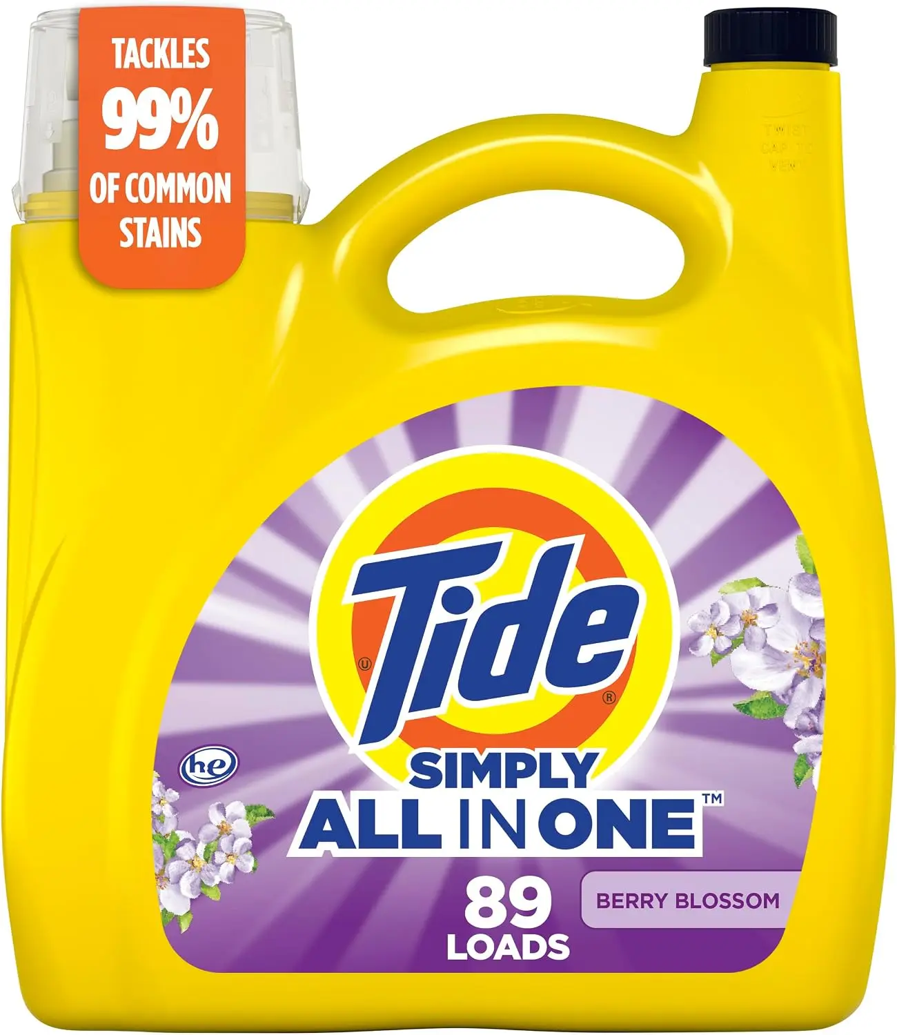 Tide Simply laundry detergent, liquid laundry detergent, Berry Blossom, HE laundry detergent, 89 loads, 117 fl oz