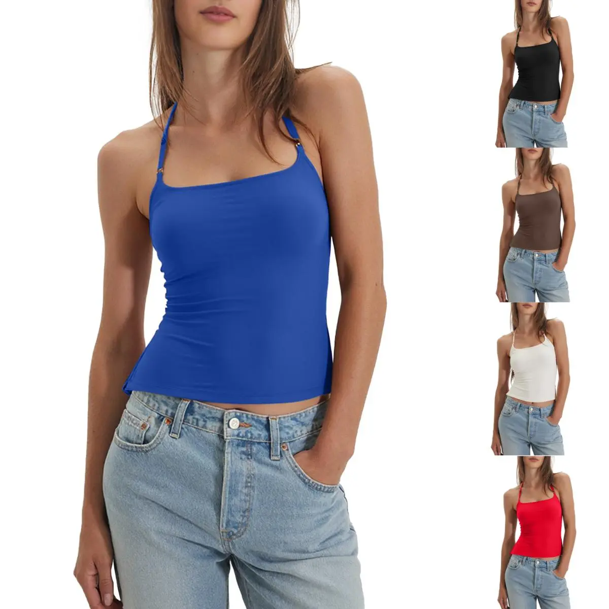 JOVENPARA Women's Halter Crop Top, Chic Backless Fitted Cami, Breathable Classy Going Out Top with Adjustable Spaghetti Straps for Street Style, Sleeveless