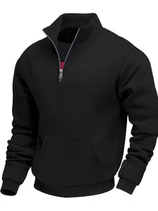 Men's Solid Color Zipper Stand Collar Sweatshirt, Fleece Lined Warm Soft Comfortable Pullover, Kangaroo Pocket Design, Fall & Winter Fashion