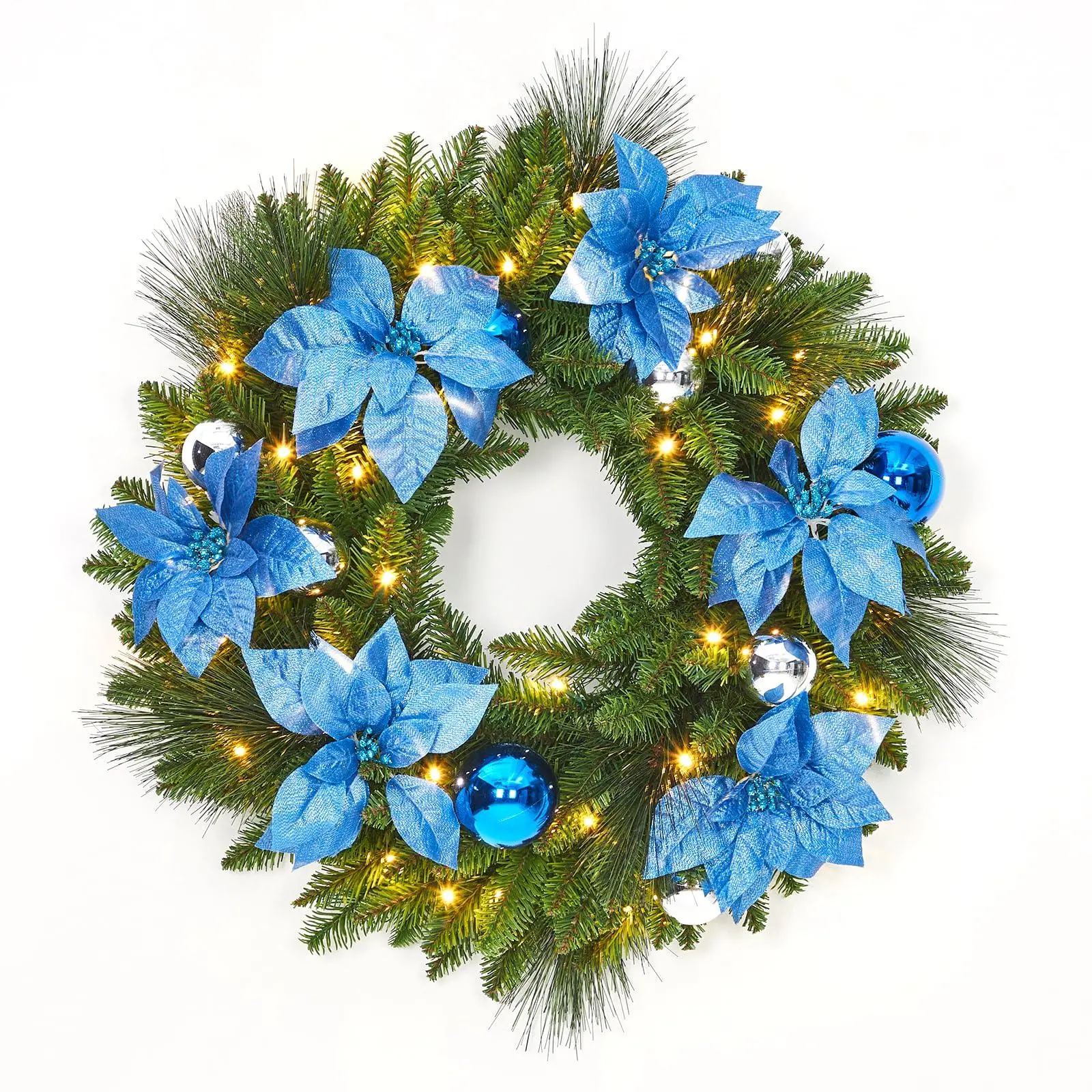 24 in Classic Pre-Lit Traditional Christmas Wreath with Flowers, Cypress Leaves, Balls, Cones - Indoor/Outdoor Door Decoration for Winter Festivities