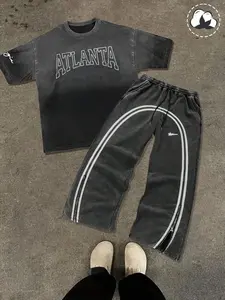 Men's Letter Print Tee & Zip Up Pants Set, Knit Clothing Sets, Casual Loose Round Neck Short Sleeve T-shirt & Pocket Sweatpants, Men's Summer Clothes, Cotton