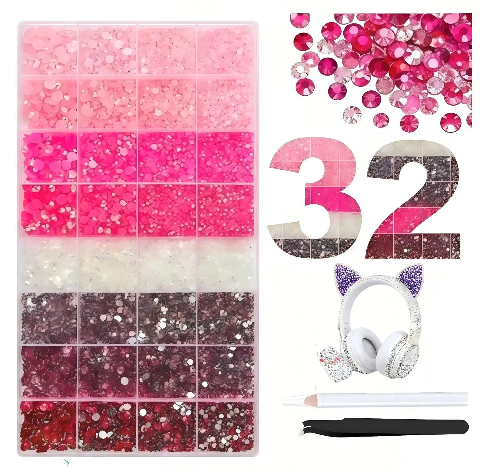 27,000Pcs Pink Rhinestones for Bedazzling Kit with Tweezers & Pick up Pen, Resin Rhinestones for Crafting Crafts，Bedazzler Kit Flatback Gems for Clothing Shoes Tumblers Nail Art