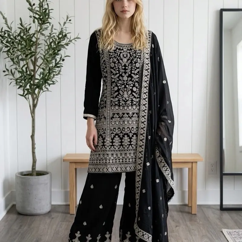Black Georgette Kameez with All Over Stones Mirror Work & Embroidery Big Flared Plazo & Georgette Dupatta Lightweight Womenswear