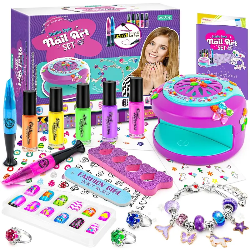Girls' Kids Nail Art Kit - Water-Based Polish, Dryer, Fake Nails, Stickers, Art Pen, 15s to Party - Ideal Gifts for Ages 6-12
